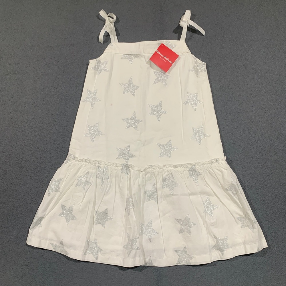 Hanna Andersson Star Dress Kids 8 White‎ Silver Glitter Tiered Tie Strap Summer